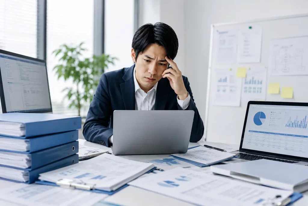 デスクで書類の山に囲まれながら悩む男性