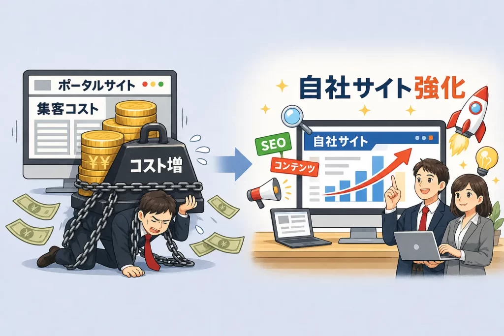 ポータル依存の集客コストが重くなり、自社サイトの強化へ移行している図